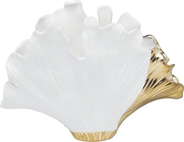 Keramische Muschelvase "Ginkgo Elegance" in Weiß mit goldenem Rand, detailreich aus einer Seitenperspektive dargestellt.