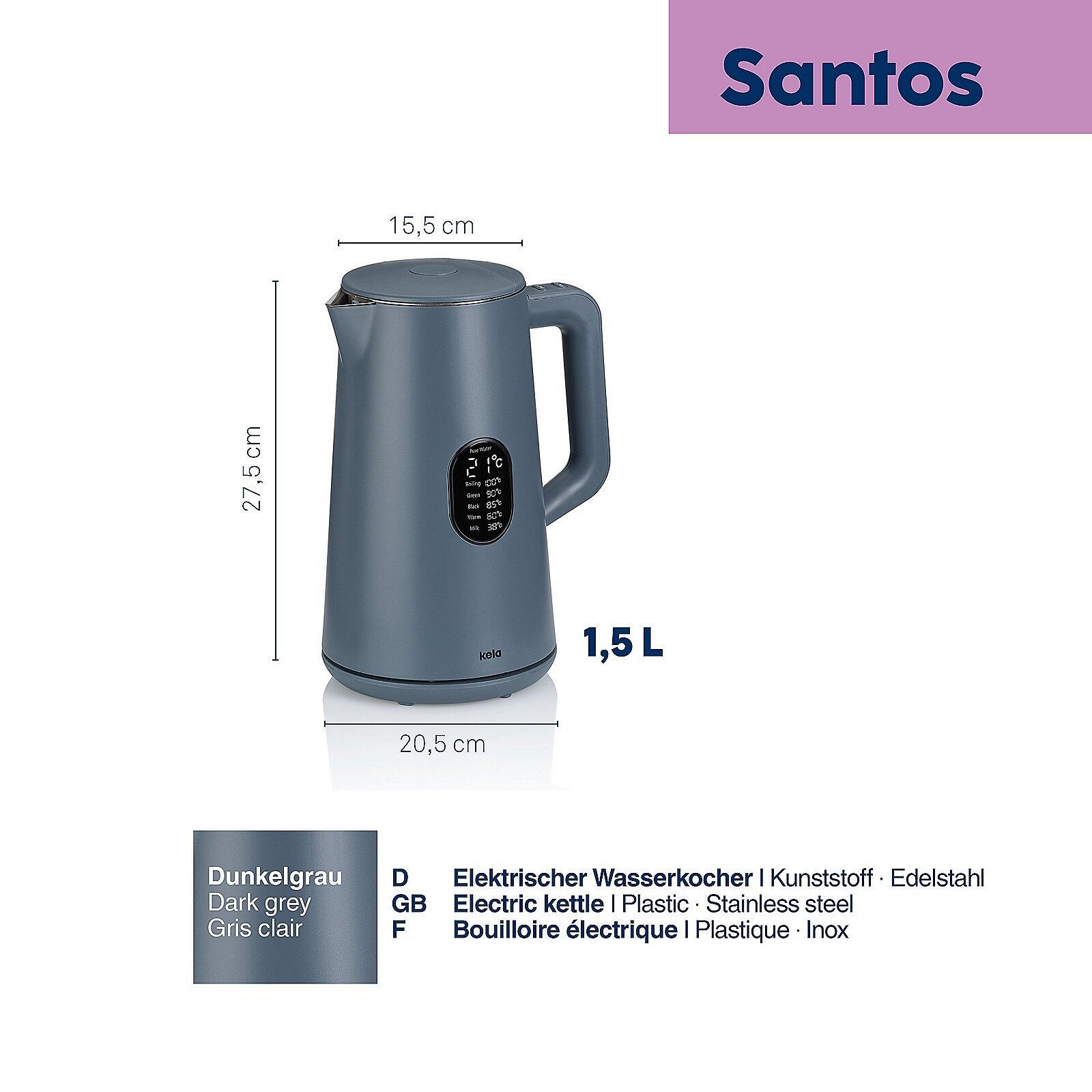 Moderner Wasserkocher Santos mit tropfenförmiger Silhouette und Display zur Anzeige von Temperatur und weiteren Informationen.