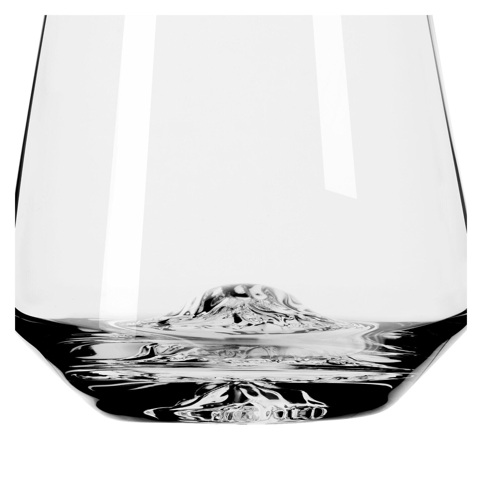 Whisky Tumbler mit wellenförmigem Fußmuster, das im Detail aus einer unteren Perspektive dargestellt ist.