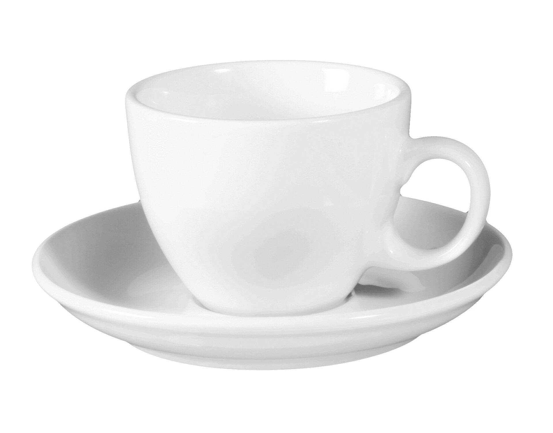 Weiße Cappuccinotasse "VIP" mit abgerundeter Form und gebogenem Henkel auf einem weißen Teller mit gewelltem Rand, leicht seitliche Perspektive.