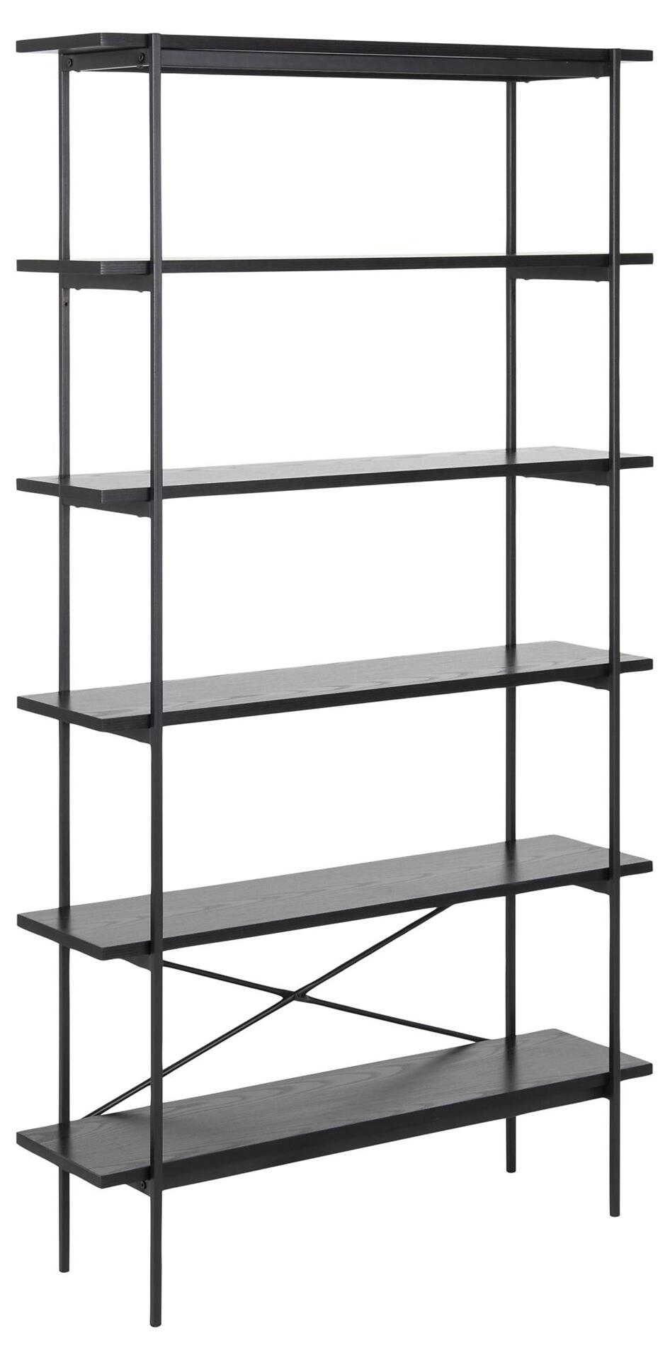 Freistehendes Regal Angus mit fünf breiten, anthrazitfarbenen Böden und schlankem, schwarzem Metallgestell mit diagonalen Streben.
