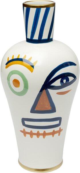 Vase Two Face aus Porzellan mit stilisiertem, farbenfrohem Gesicht und goldenem Hals.