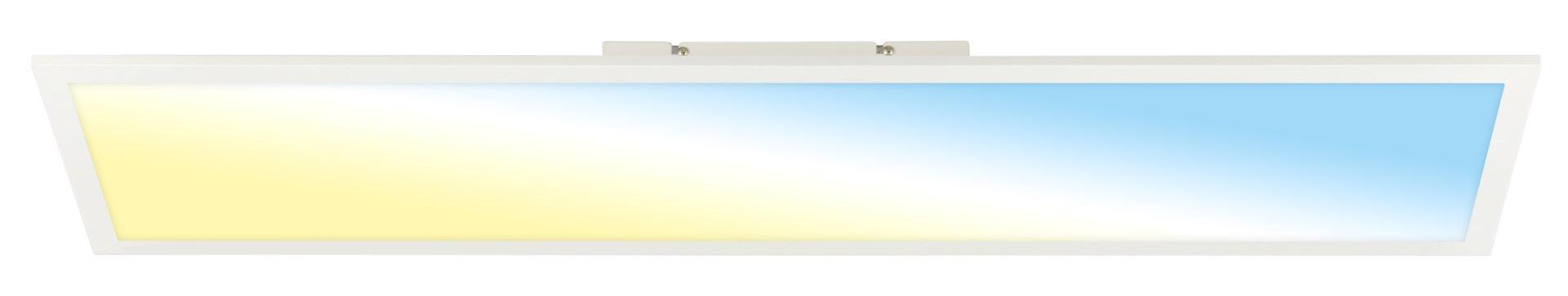 Panel, Piatto LED-Leuchte mit stufenregulierbarer Farbtemperatur von warmweiß bis kühles Weiß, Detailaufnahme der flachen Oberfläche und Metallhalterungen.