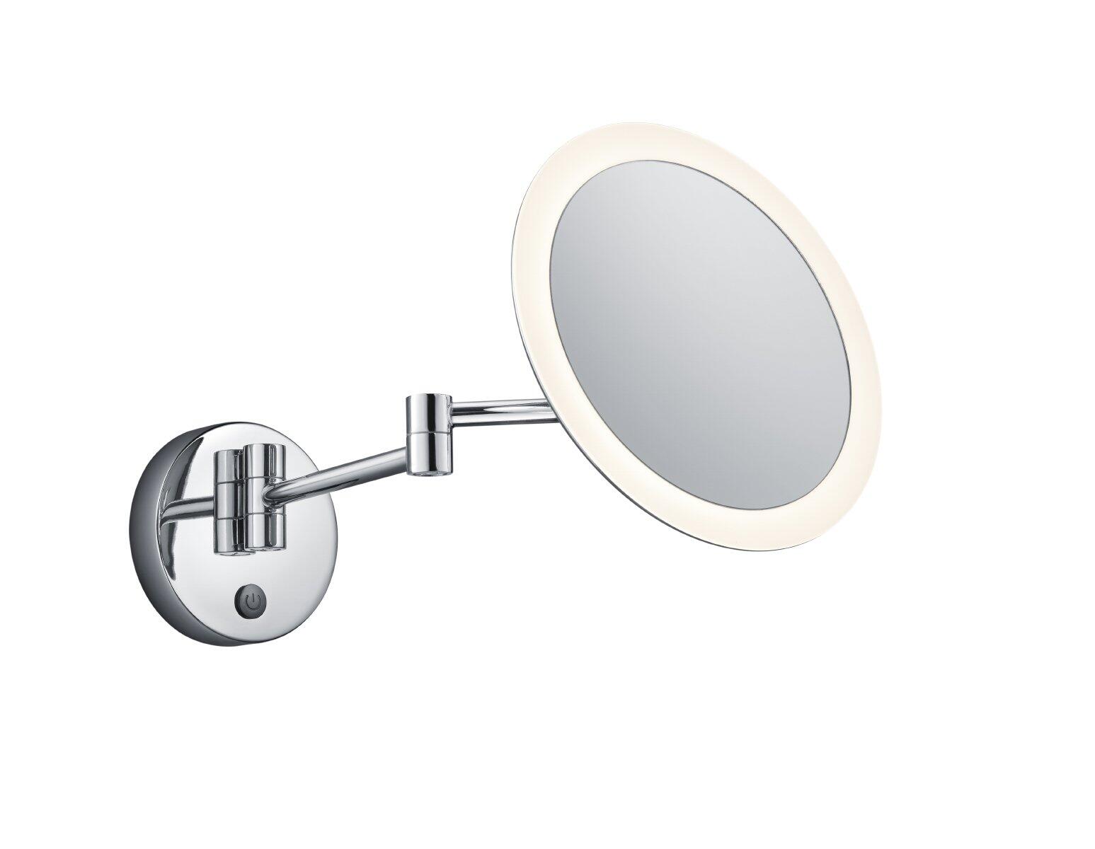 Verstellbarer Wandspiegel View mit Chromrahmen, LED-Beleuchtung und Touch-Funktion zur Ein- und Ausschaltung, dargestellt in schräger Seitenperspektive mit ausfahrbarem Spiegelkopf.