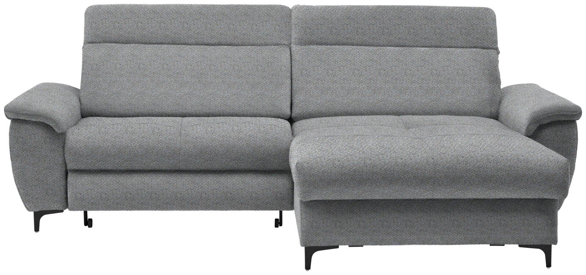Ecksofa Retro in grauer Farbe mit abklappbarer Kopfstütze, Bettkasten und ausziehbarer Relaxfunktion, dargestellt in einer Frontalansicht mit schwarzen Metallfüßen.