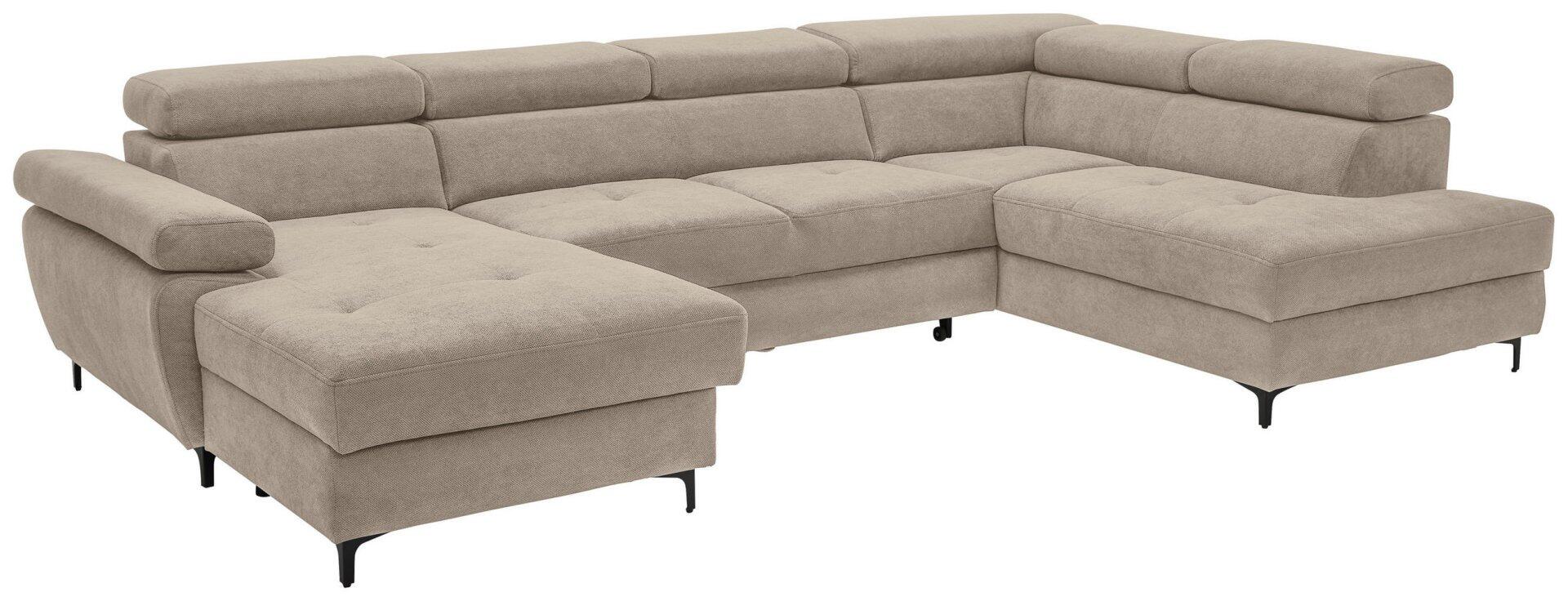 Wohnlandschaft Combo: Helle, gesteppte Eckcouch mit Winkelfüßen und verstellbaren Rückenlehnen für eine Relaxfunktion, inklusive zwei Nackenkissen.