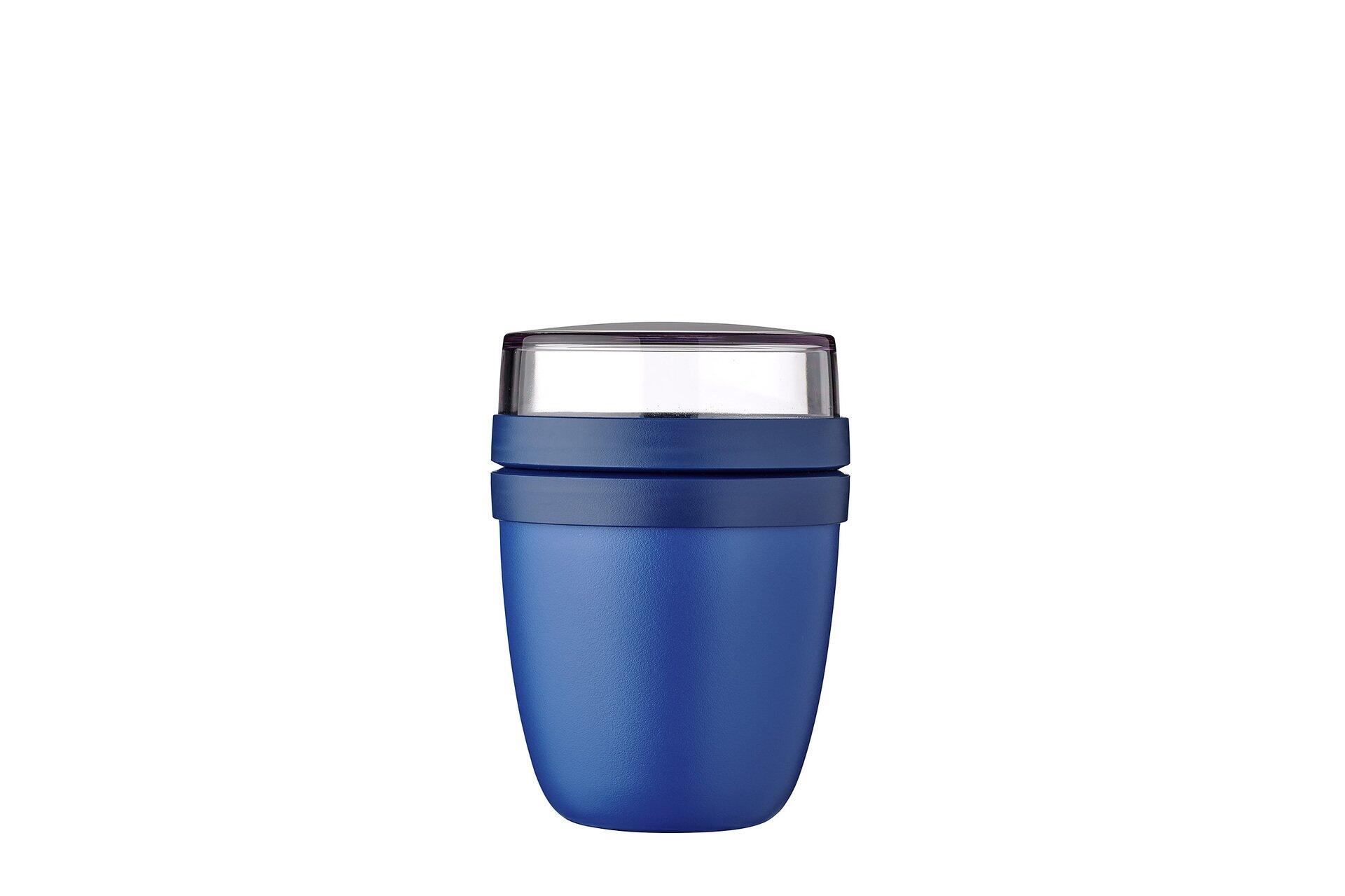Lunchpot Mini: blauer, zylindrischer Behälter mit Deckel aus dunklem Blau und durchsichtiger Oberseite, aus der Vogelperspektive zu sehen.