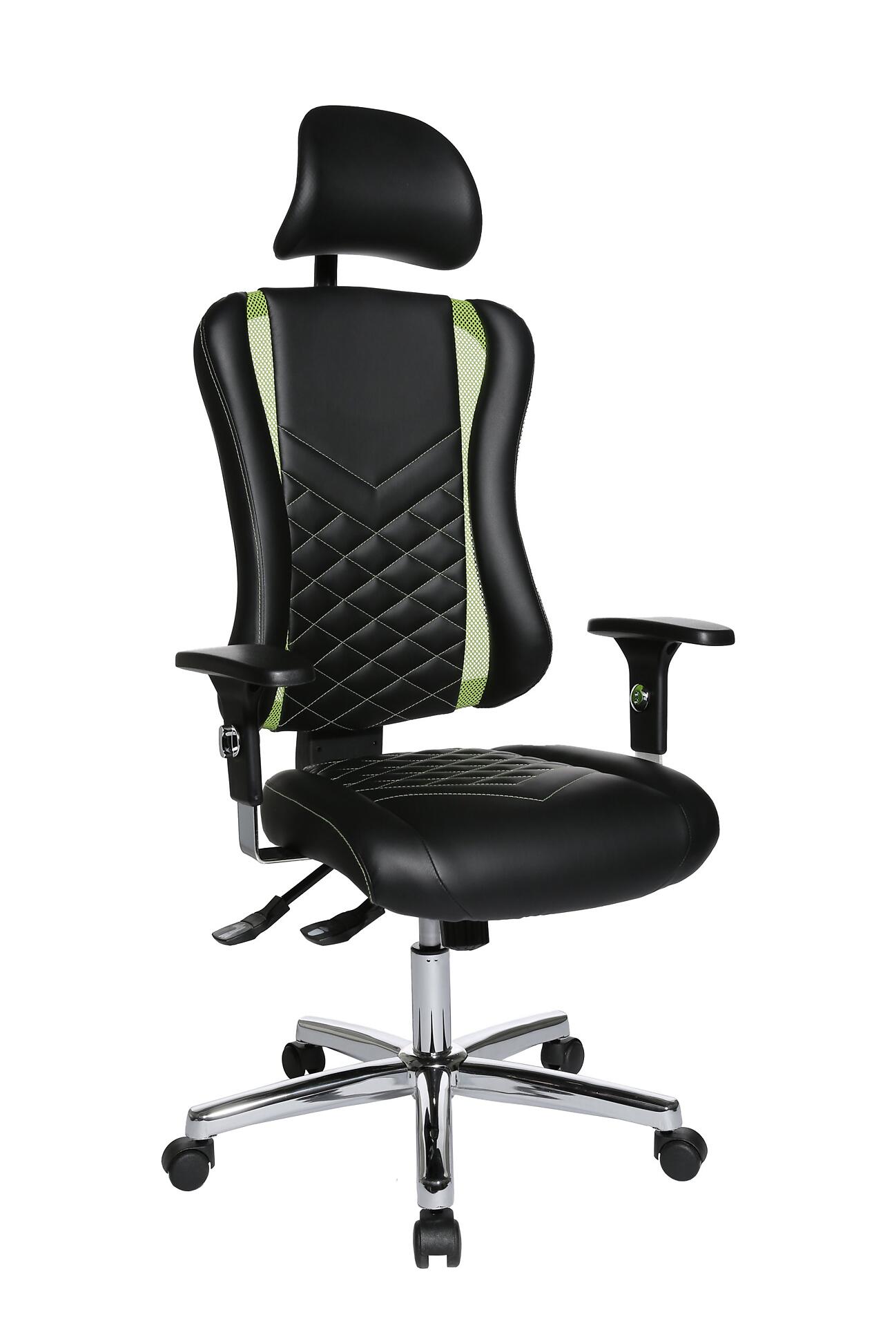Bürostuhl Gaming Chair 20 in Seitenansicht mit Chromfuß, stufenweiser Höhenverstellung, Diamantmuster-Polsterung in Schwarz und Grün sowie verstellbarer Kopfstütze.