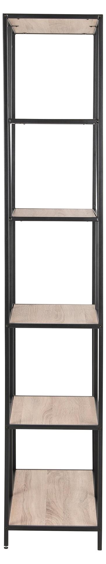 Freistehendes Regal Seaford mit fünf unterschiedlich hohen, horizontal angeordneten Brettern in Holzoptik und schwarzem Metallgitterrahmen.
