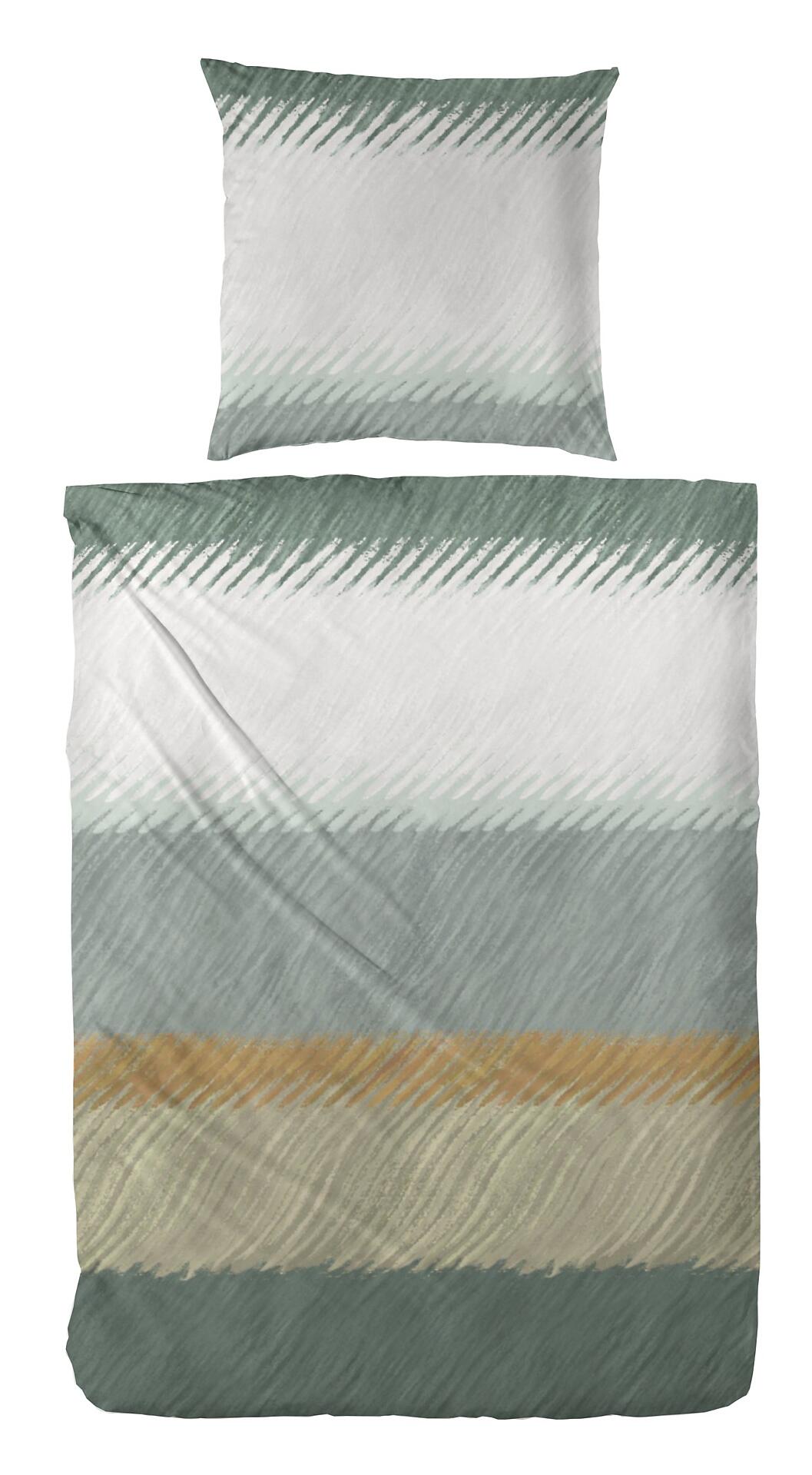 Edelflanell-Bettwäsche in Grün-Gelb mit horizontalen Streifen in Weiß, Beige und Grau, Detailaufnahme eines Bettbezug-Sets mit Kissen.