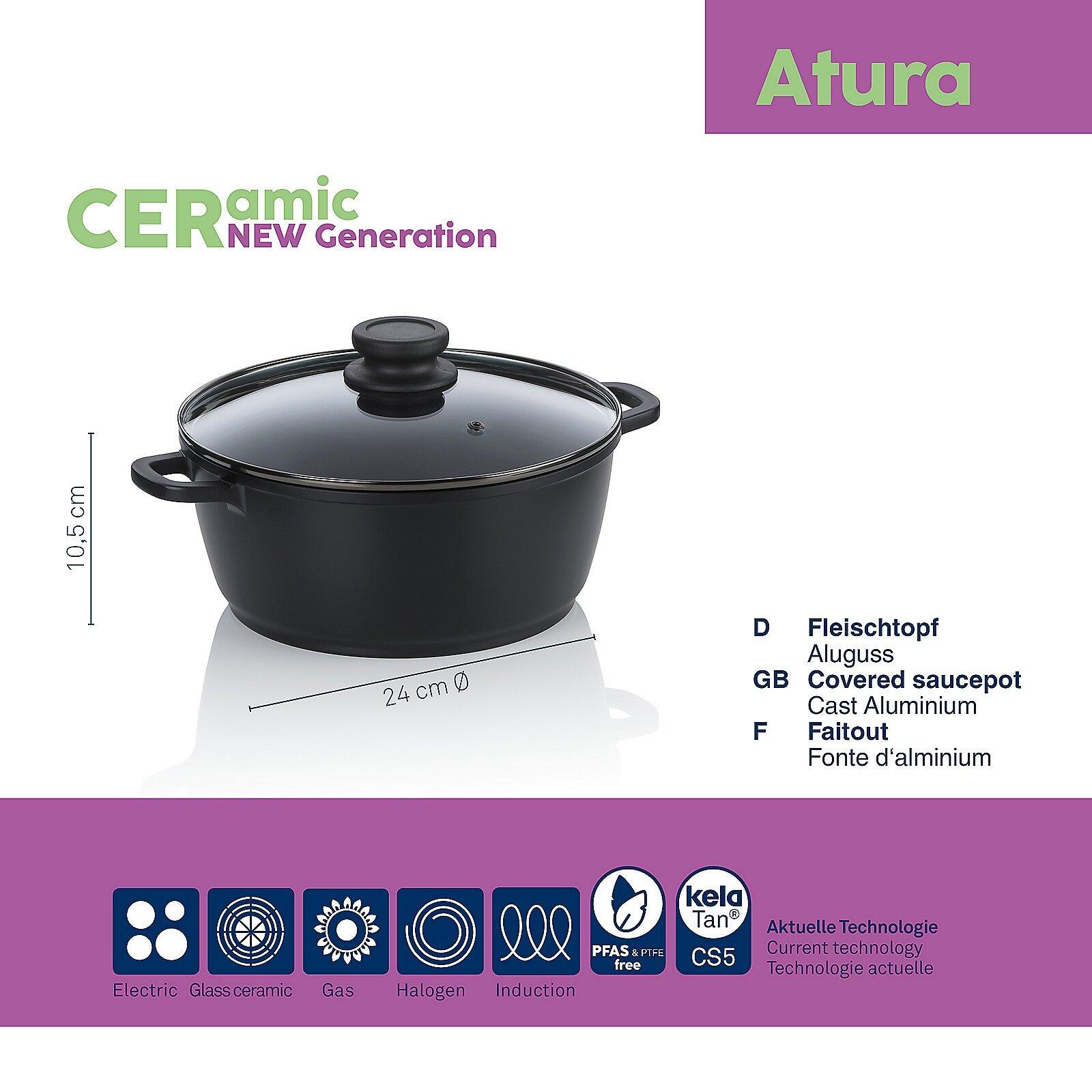 Fleischtopf Atura aus Aluminium mit passendem Deckel, Ø24cm, H:10,5cm und Symbolen für Kompatibilität mit verschiedenen Kochfeldern sowie PFAS & PFOA free und CS5 Zertifizierung.