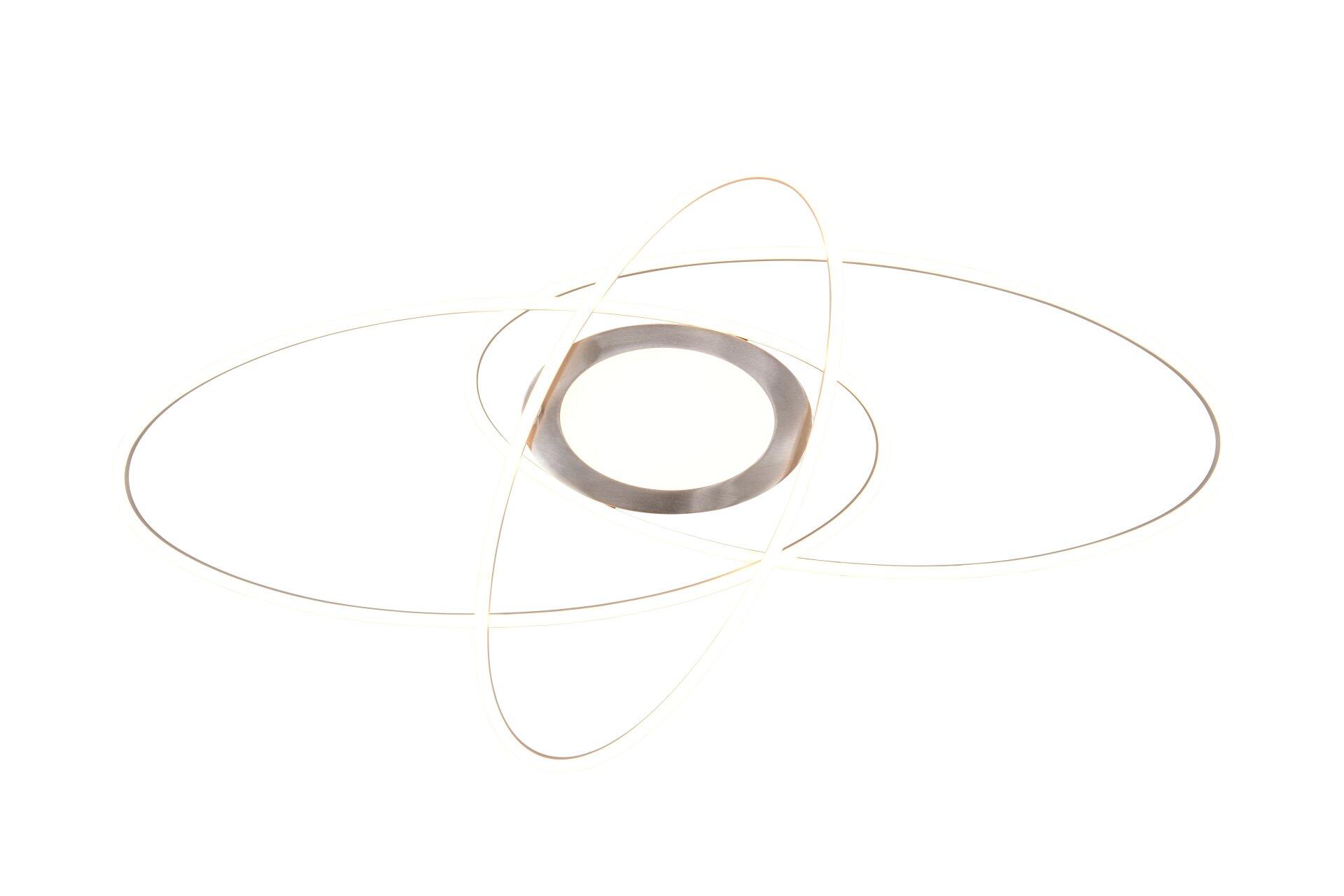 Moderne Deckenleuchte Ovine mit silberner Grundplatte und drei gebogenen, goldfarbenen Metallbändern im Frontalblick.
