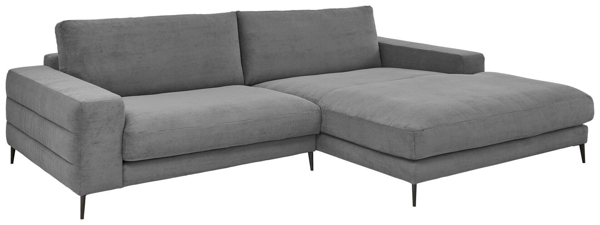 Eckliege Badia Base 2.0 in Grau mit schlanken, schwarzen Metallfüßen und einer Schlafsofa-Funktion, aus der Seitenperspektive zur Darstellung der Anordnung und Form.