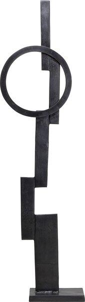 Schwarze, handgefertigte Deko Figur "Balance" aus Aluminium, die eine dynamische, abstrakte Struktur mit rechteckigen Elementen und einem integrierten Ring in Frontalperspektive zeigt.