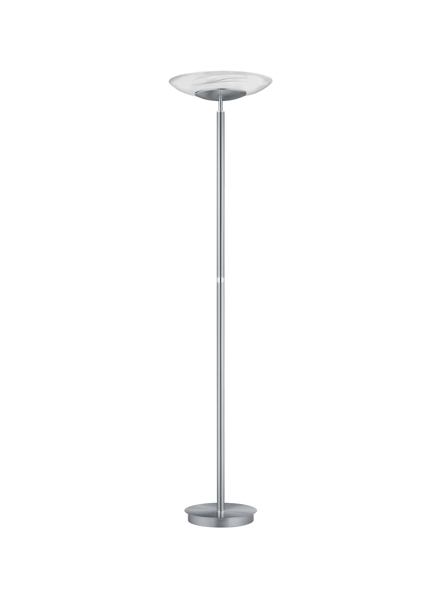 Stehleuchte Findus mit alabasterweißem Glashirm und silbernem Fuß, Frontalansicht zeigt das schlichte, moderne Design und die volle Höhe der Leuchte.