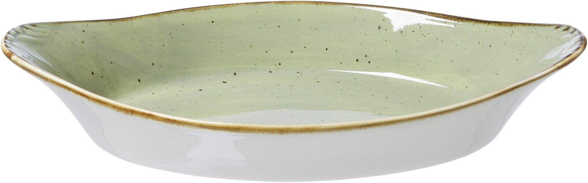 Romo Auflaufform aus Keramik mit ovalem Design, hellem grünlichen Farbton und braunen Akzenten am Rand, aus der Vogelperspektive sichtbar.