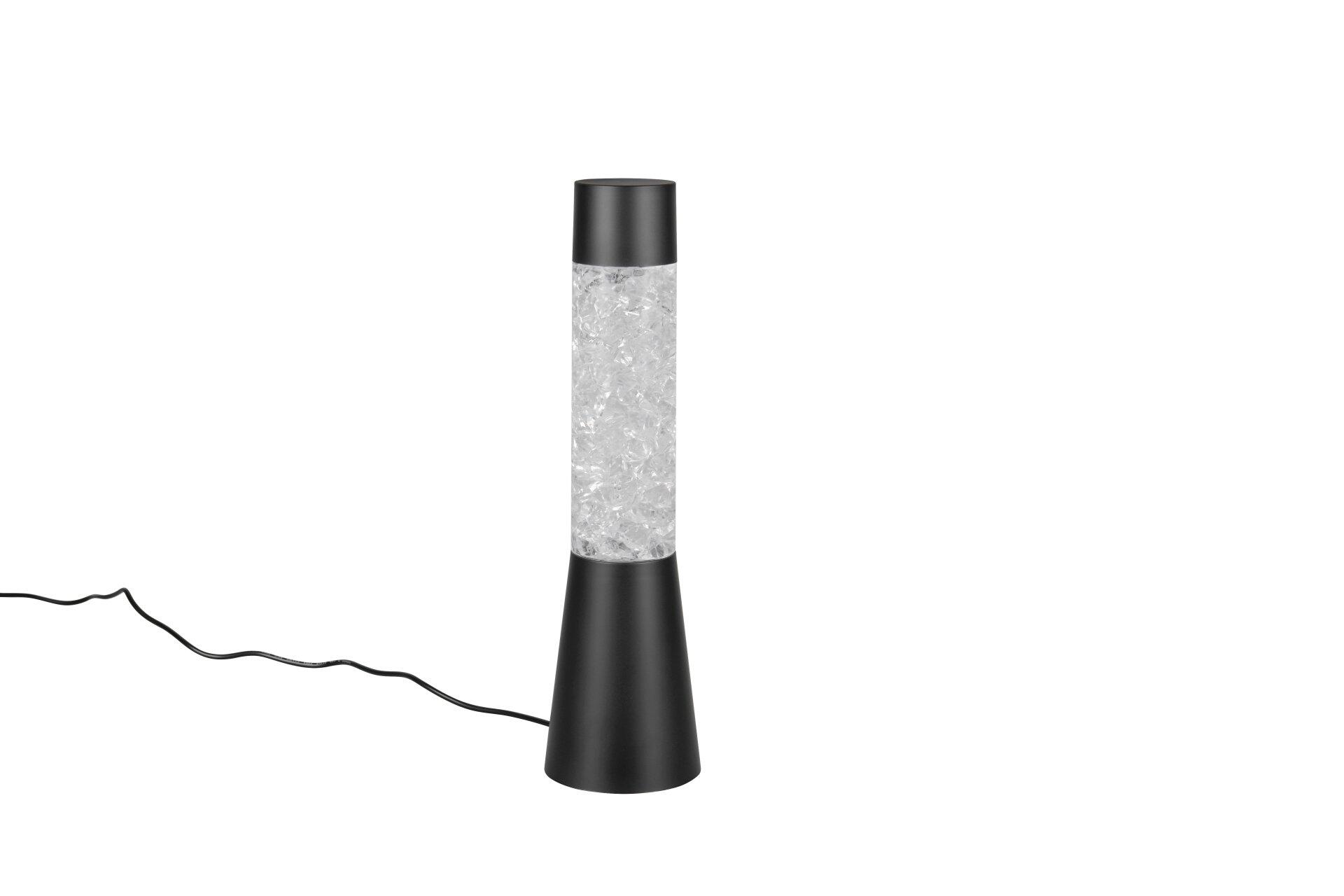 Tischleuchte Martini, stehend mit konischem Design, schwarzem Fuß und transparentem Körper mit flüssigen Elementen, abgebildet aus schräger Perspektive.