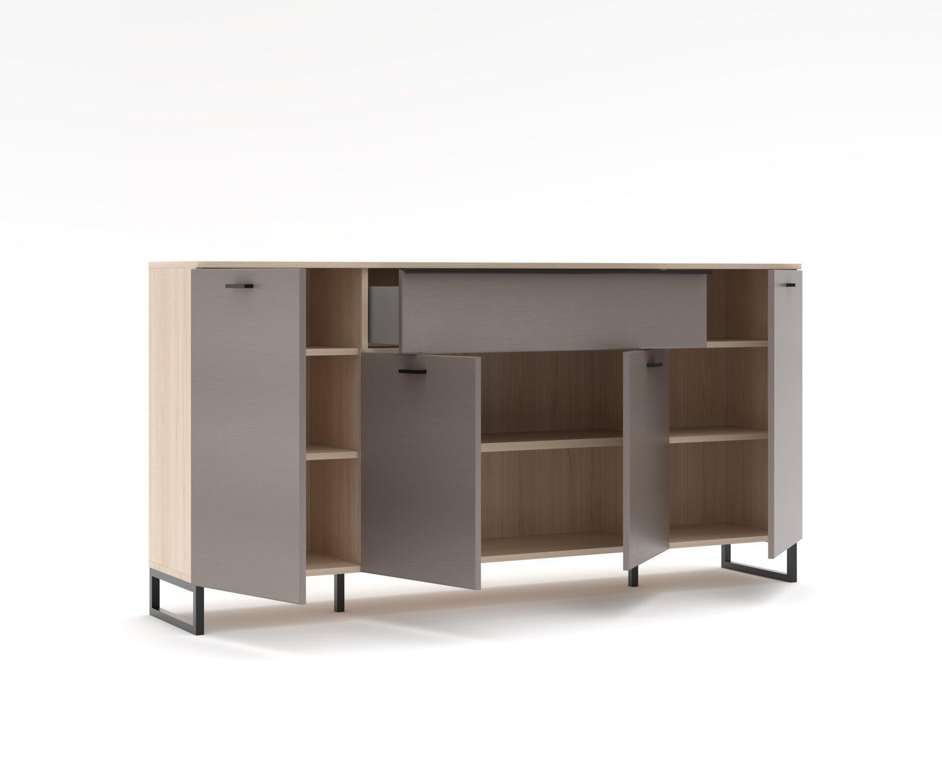 Sideboard Tibor-G mit weißen Korpus, grauen Türen und Holzausstattung im Inneren, aus schräger Seitenansicht erkennbar mit drei Schrankteilen, offener Fachgestaltung und Metallfüßen.