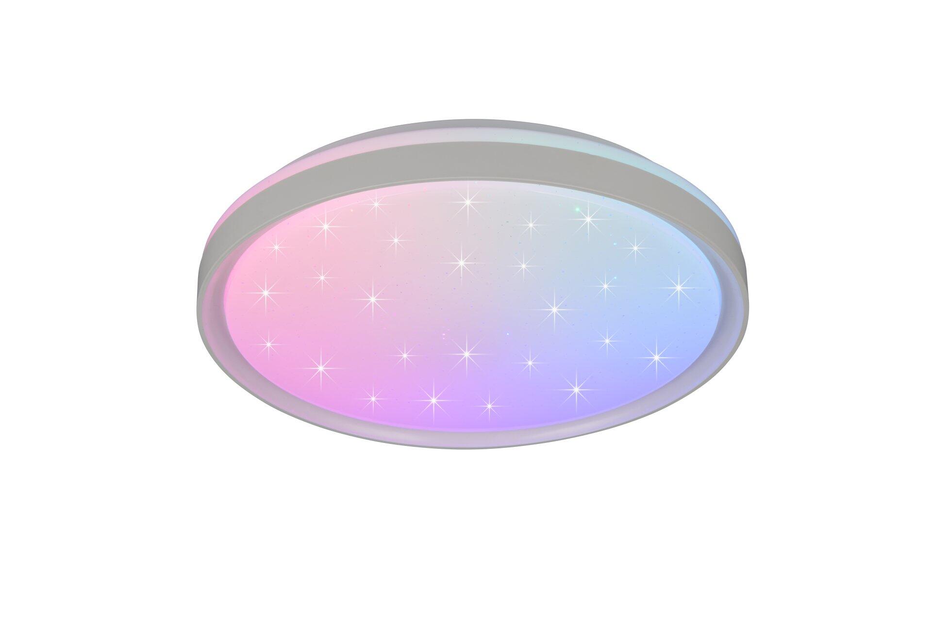 Deckenleuchte Solit mit silberfarbenem Rahmen und konkav-runder Oberfläche, die im Farbverlauf von Pink über Violett zu Blau leuchtet und durch integrierte Sternmuster-Projektion einen Starlight-Effekt erzeugt.