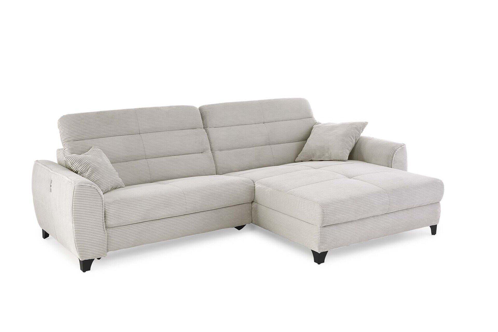 Wohnlandschaft Double One in hellgrauem Cord mit Bettfunktion und verstellbaren Kopfstützen, dargestellt in 3/4-Perspektive mit ausgezogener Liegefläche und segmentierten Rückenlehnen.