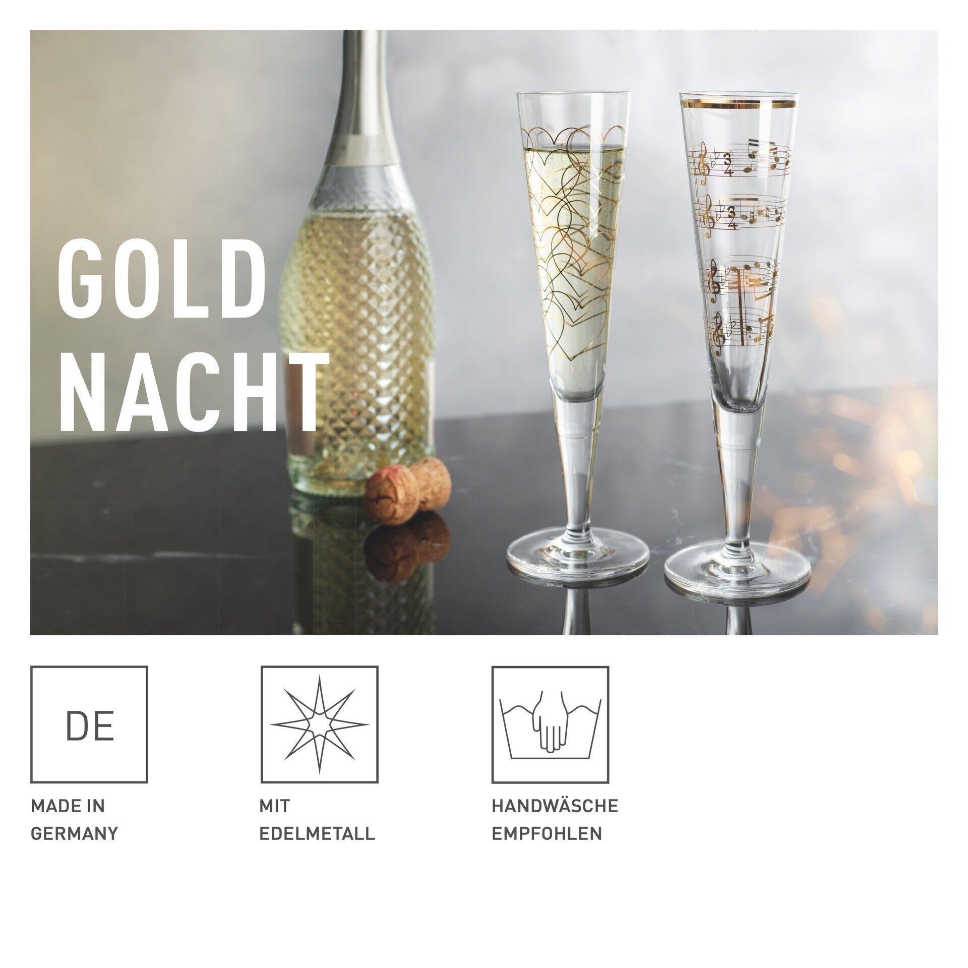 Champagnerglas-Set mit goldenem Musiknoten-Dekor auf Gläsern aus edlem Metall, verpackt in einer Geschenkbox.