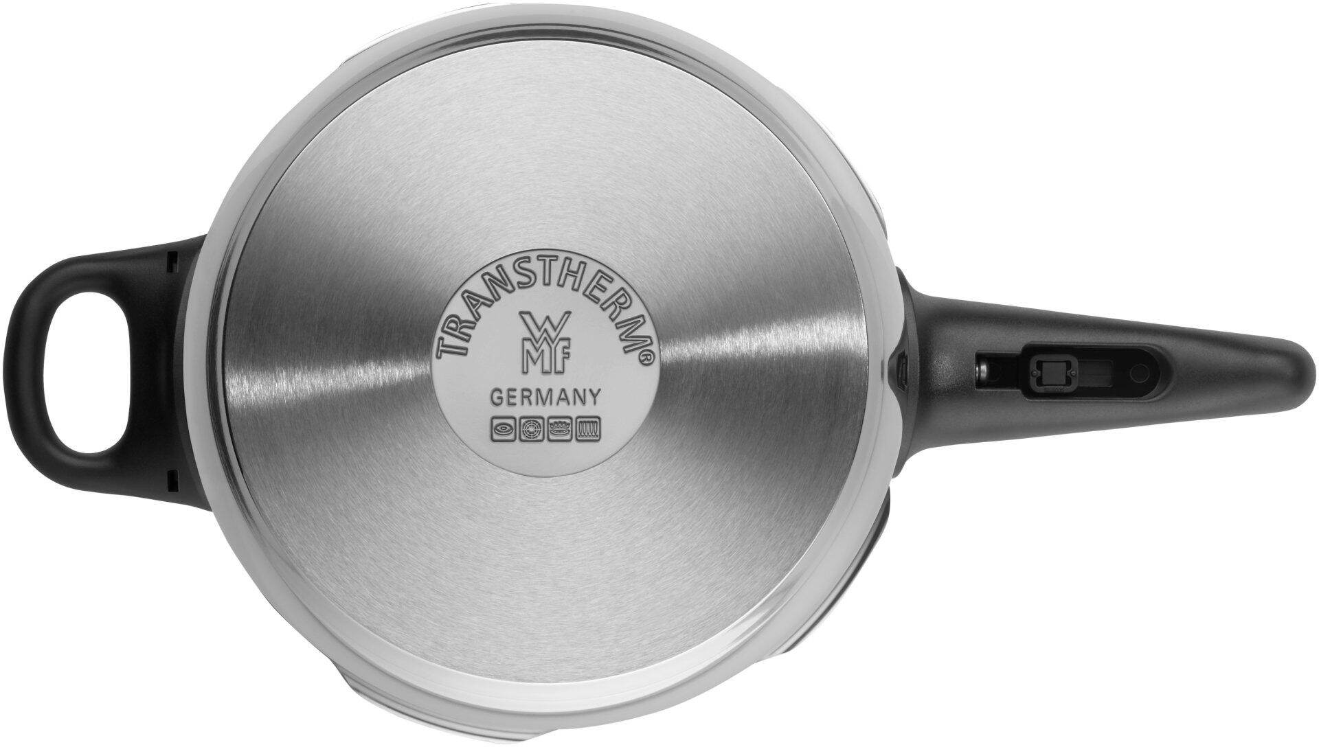 Schnelltopf Perfect New von WMF: Edelstahl-Schnelltopf aus der Vogelperspektive mit ergonomischen schwarzen Haltegriffen und Herstellerlogo.