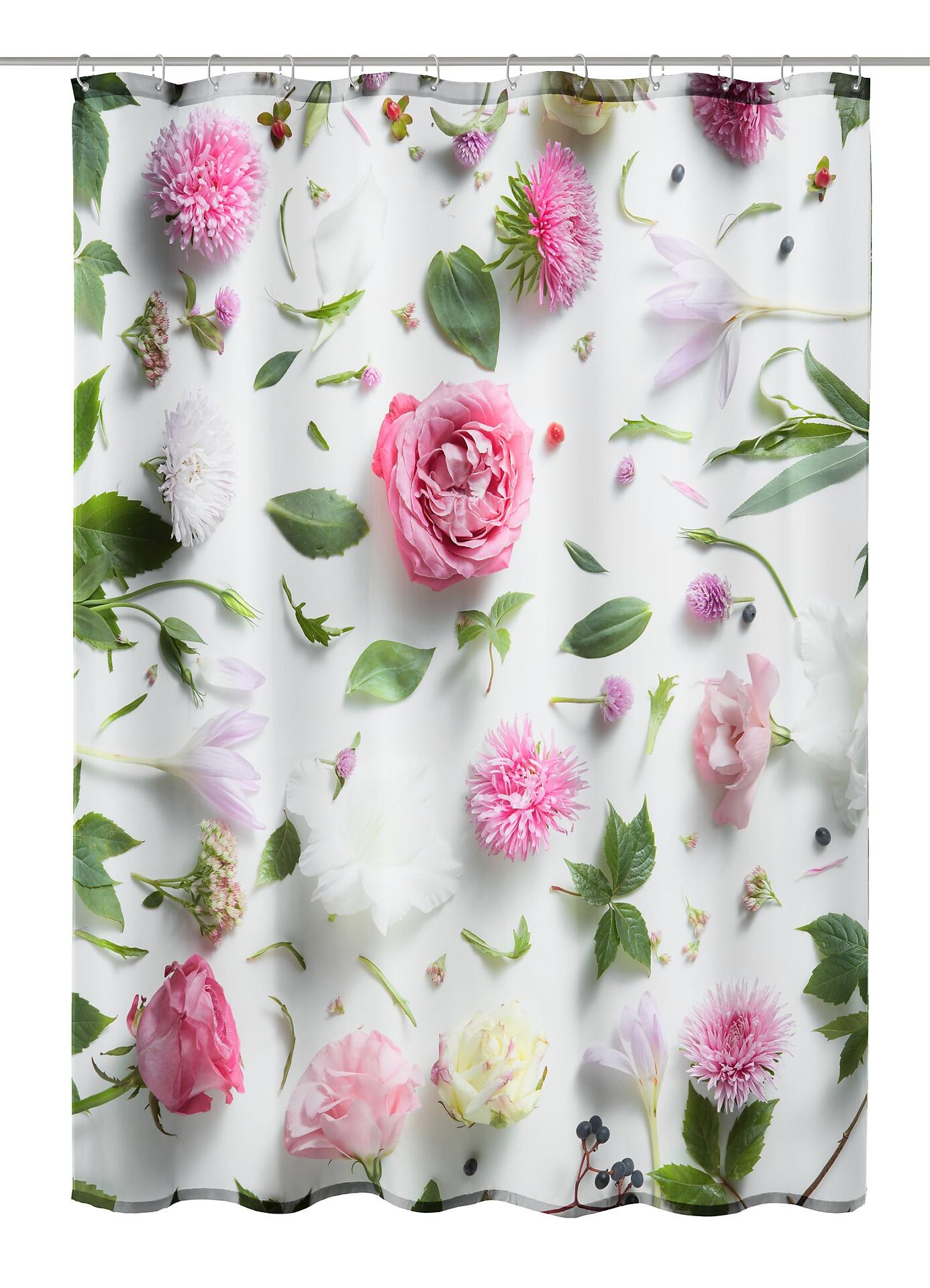 Duschvorhang TXT Rosalie mit abstraktem, mehrdimensionalem Blumenmuster aus Rosen, Astern, Lilien und Blättern auf weißem Grund.