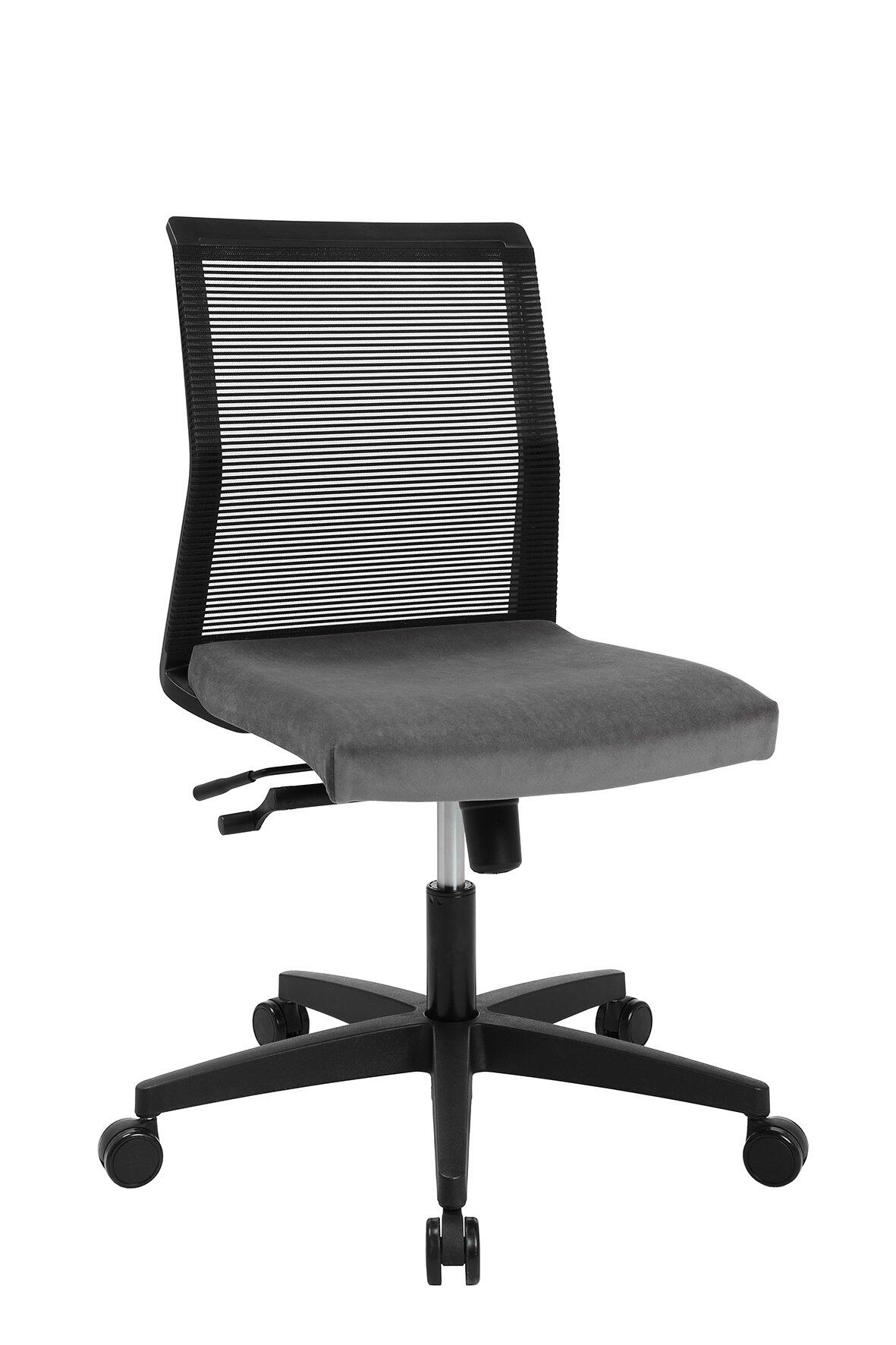 Bürostuhl Smart Point in Dreiperspektive mit höhenverstellbarem Gaslift, grau-meliert gepolstertem Sitz und schwarzem Netzgewebe im Rücken.