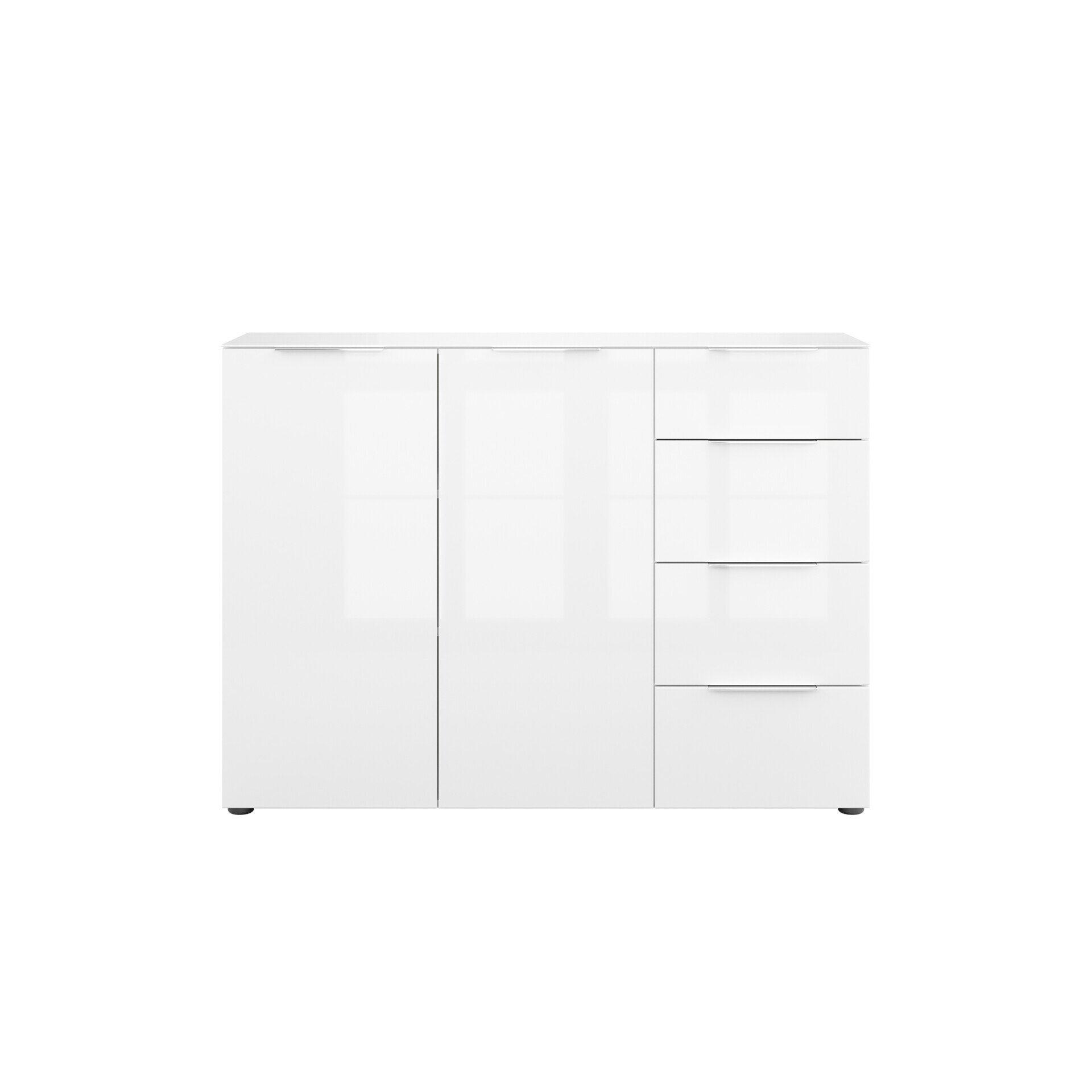 Weißer, glänzender TV-Schrank "Style" mit zwei Türen, vier Schubladen mit gedämpftem Selbsteinzug und silberfarbenen Füßen, aus Frontalperspektive.
