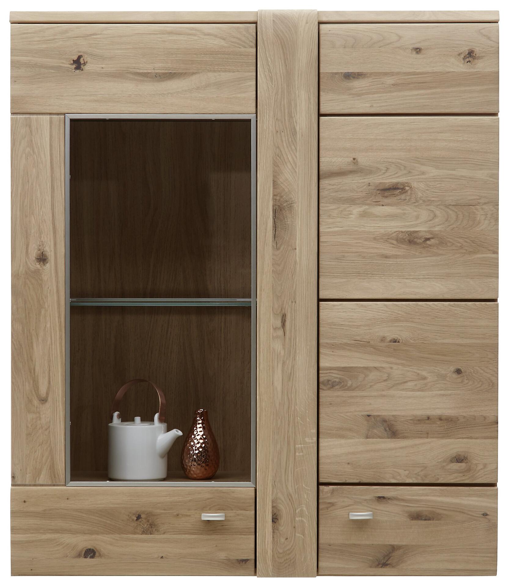 Hängevitrine Colorado mit Glastür links, Holztür rechts und Einlegeboden, der eine Teekanne präsentiert.
