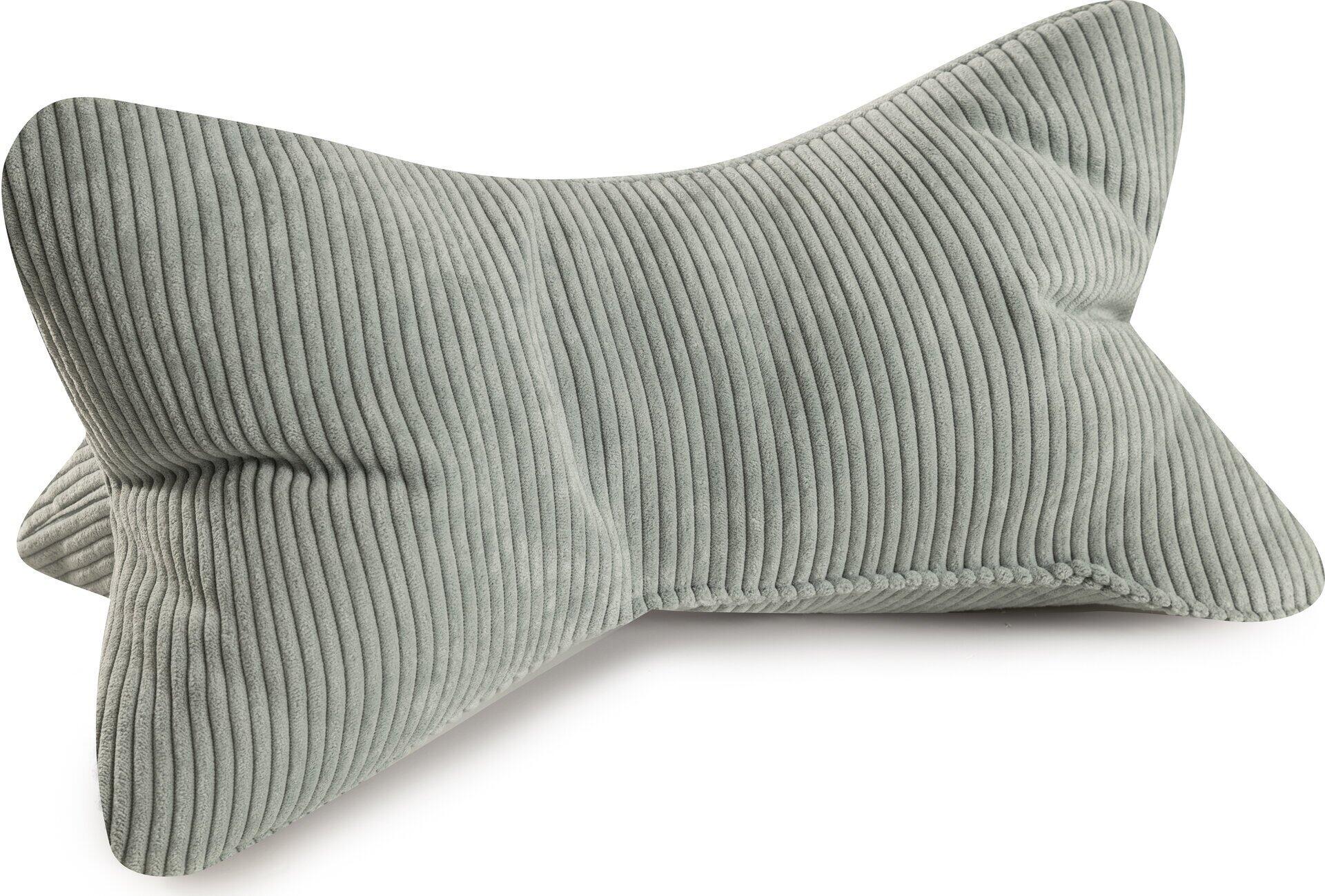 Leseknochen Inga Nackenkissen aus Cord mit ergonomischer Formgebung zur Unterstützung des Nackens, in Seitenperspektive.