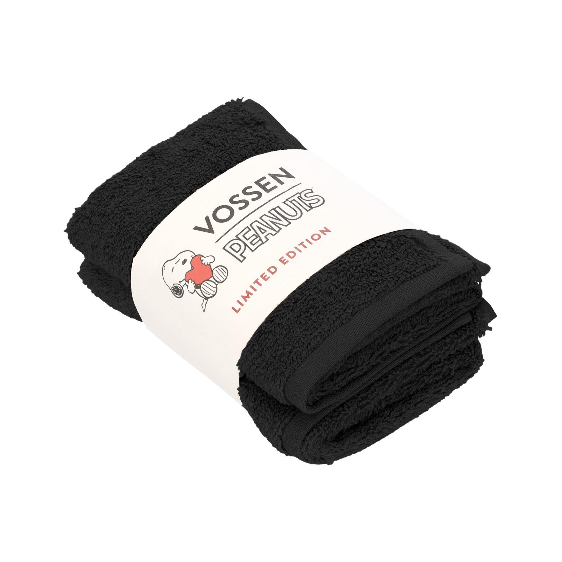 Frottierset Vossen, schwarzes Handtuch in limitierter Peanuts Edition mit Snoopy-Motiv, präsentiert in einer runden Kartonverpackung.