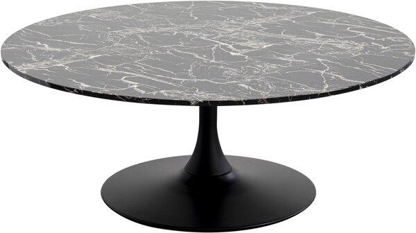 Runder Couchtisch Schickeria Marmor Schwarz mit dunkler, marmorierter Tischplatte und einem schlanken, konischen Fuß im Mid-Century-Design.
