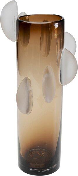 Mundgeblasene Vase Crispy mit konischer Form und drei geschwungenen, transparenten Glasapplikationen an der Oberseite.