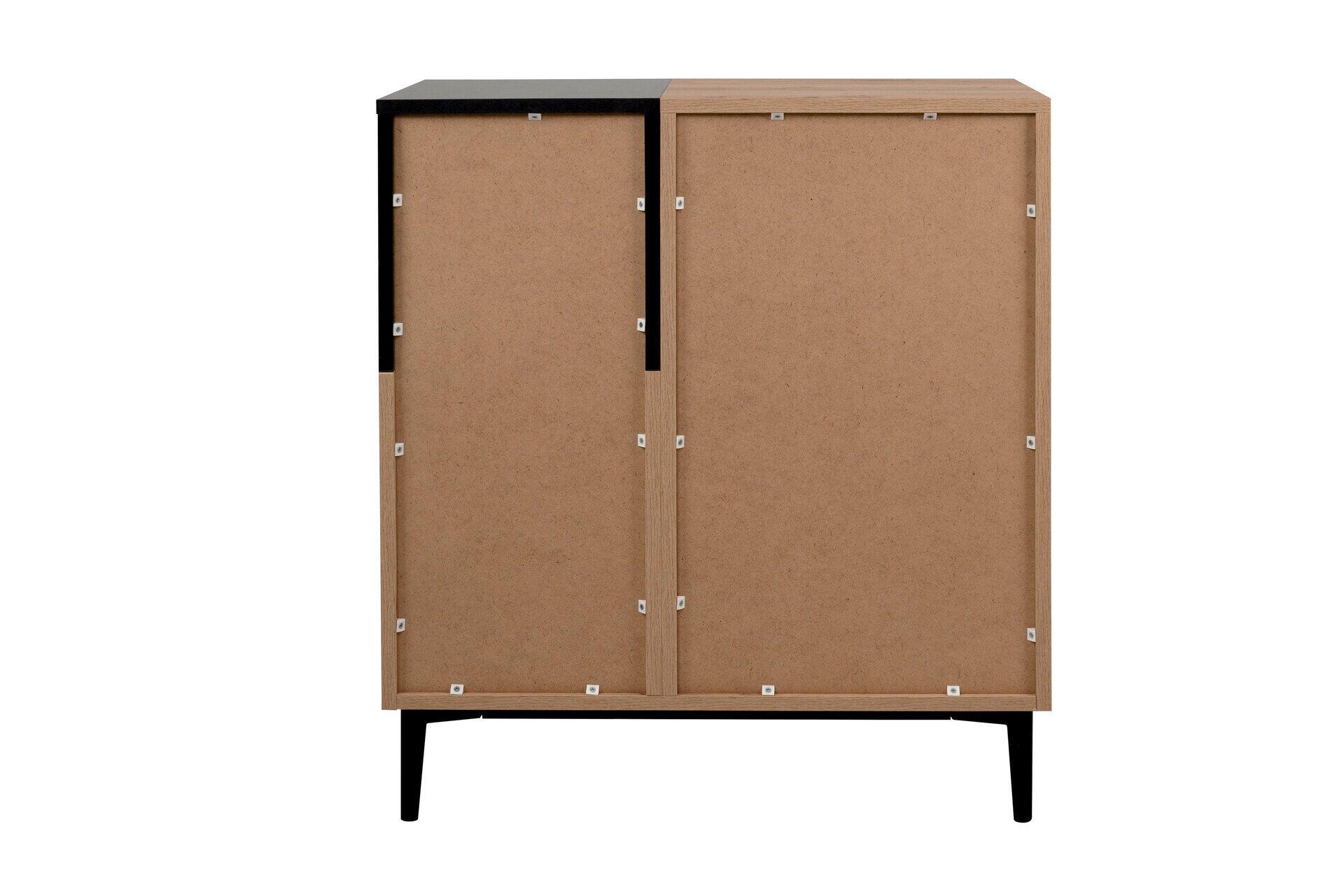 Kommode Nola 01A mit schwarzem Korpus, schwarzer Füßen und sichtbarer Rückwand mit Befestigungselementen.