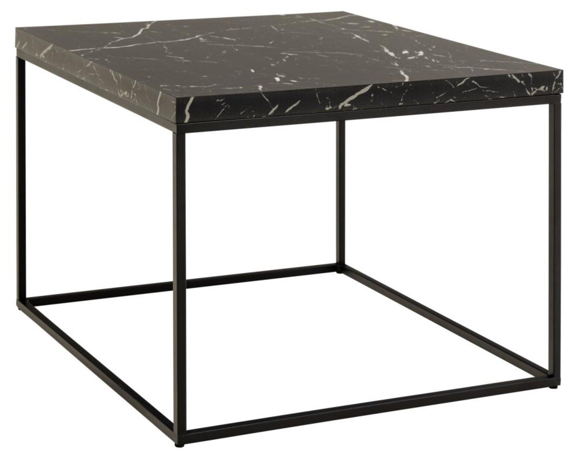 Couchtisch Barossa mit schwarzer, rechteckiger Tischplatte mit Marmor-Muster und filigranem schwarzen Metallrahmen.