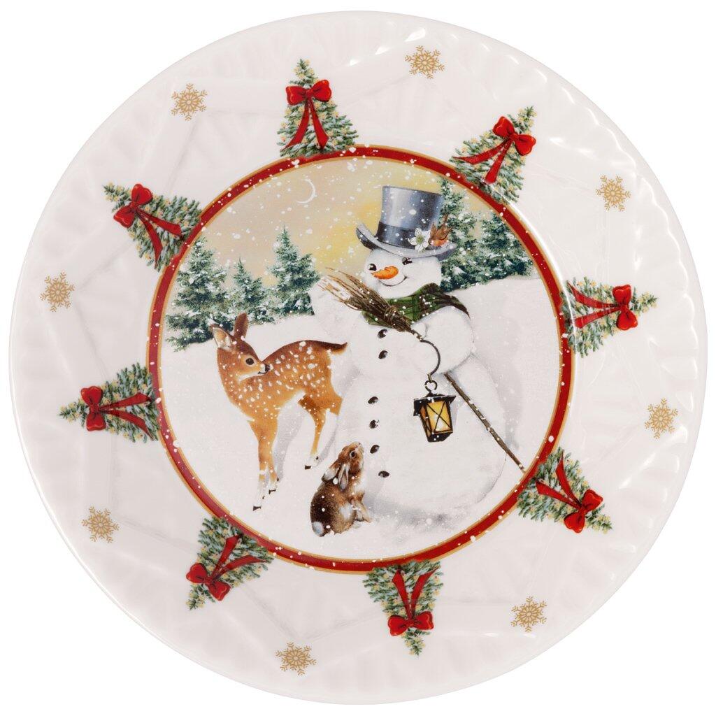 Weihnachtlicher Toy's Fantasy Teller "Schneemann mit Tieren" mit rundem Design, Schneemann mit Laterne, zwei Rehen und dekorativem Rahmen mit Tannenzweigen und roten Schleifen.