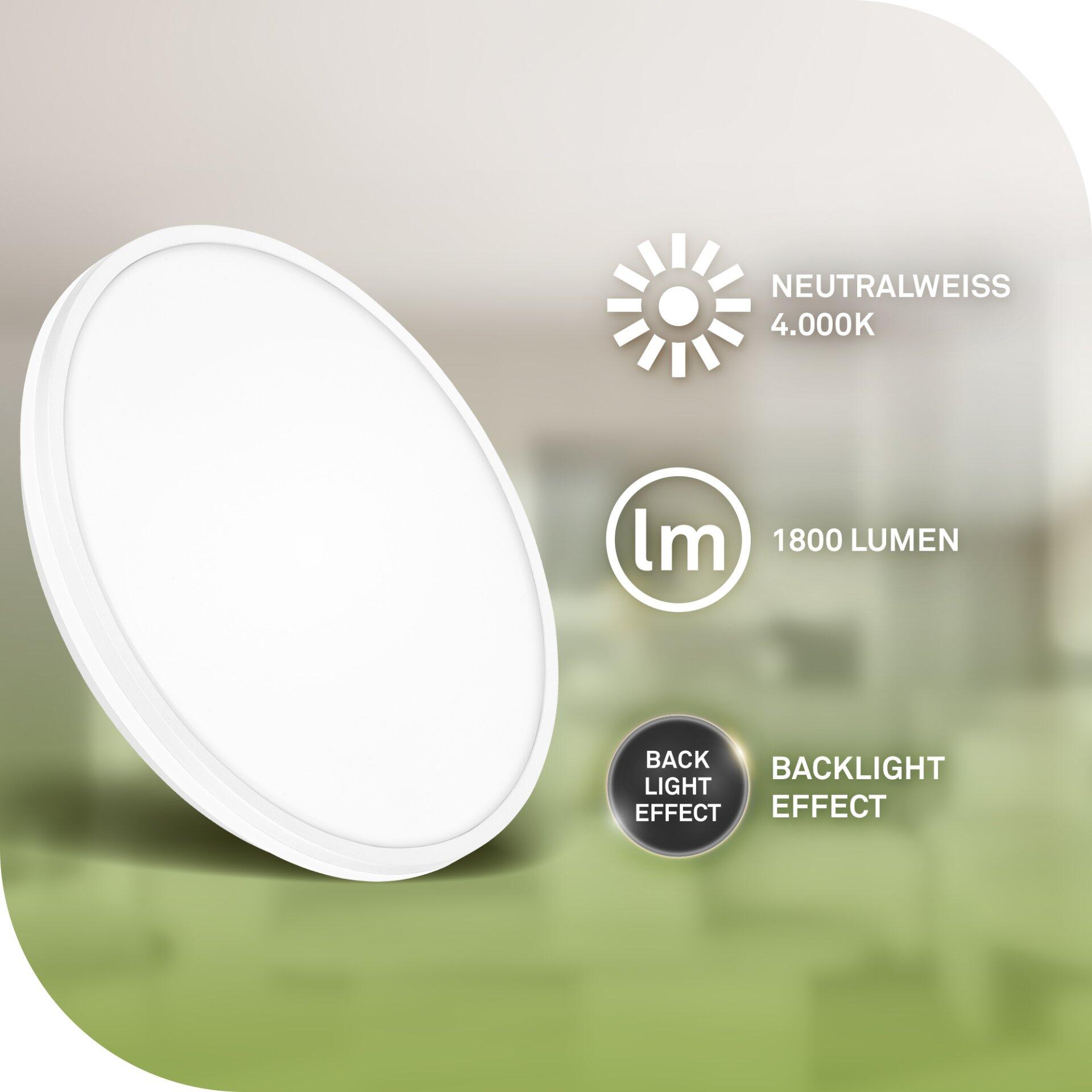 Deckenleuchte Lana a mit neutralweißem Licht (4000K, 1800 Lumen) und integriertem Backlight-Effekt, dargestellt aus einer leicht gewölbten Perspektive.