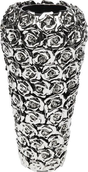 Elegante, hochgeschnittene Vase "Rose Multi Chrom Big" aus verchromtem Steingut, detailliert mit reliefartigen Rosenmotiven in Schwarz-Weiß, seitlich aufgenommen um Höhe und Form zu zeigen.