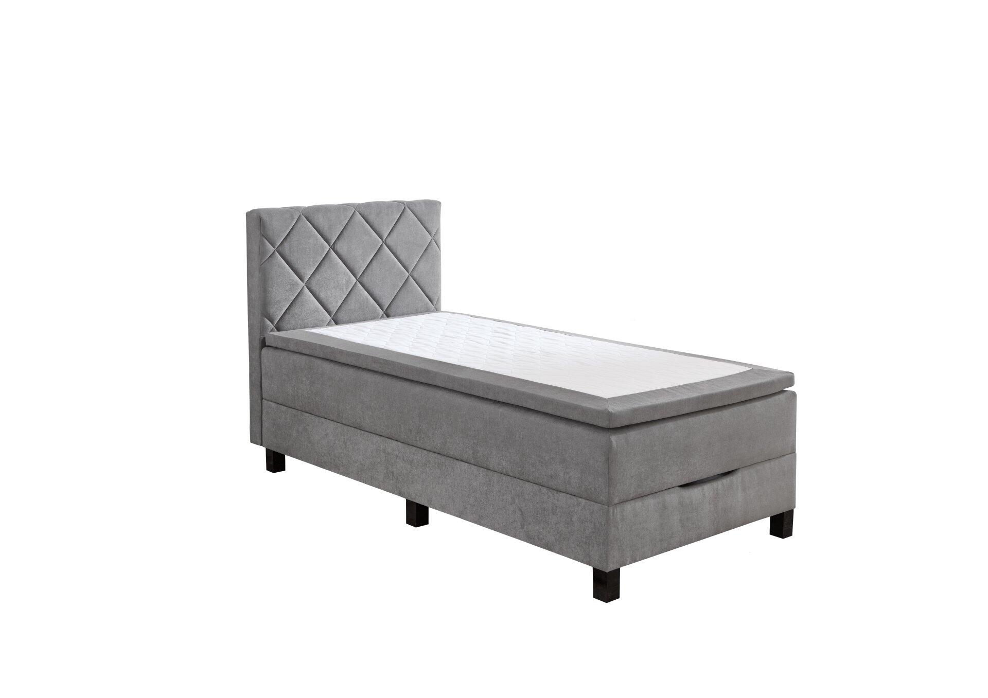 Boxspringbett Jeff BX2280 mit grau gestepptem Kopfteil, integriertem Bettkasten und Schublade.