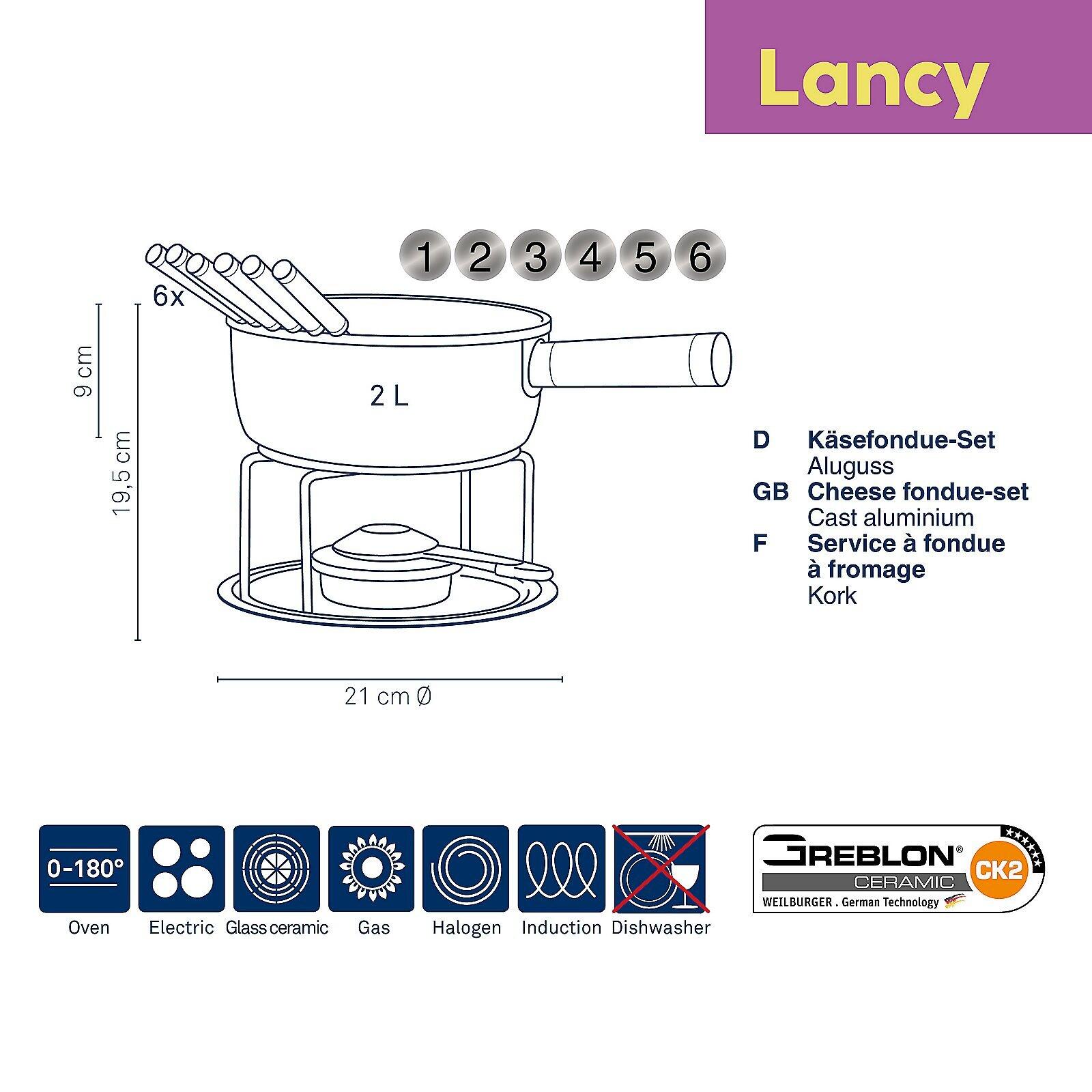 Käsefondue-Set Lancy mit rundem Topf (2 Liter Fassungsvermögen), griff mit sechs Abschnitten, Gewürzschale und sechs Gabeln, kompatibel mit verschiedenen Kochfeldern und spülmaschinenfest.