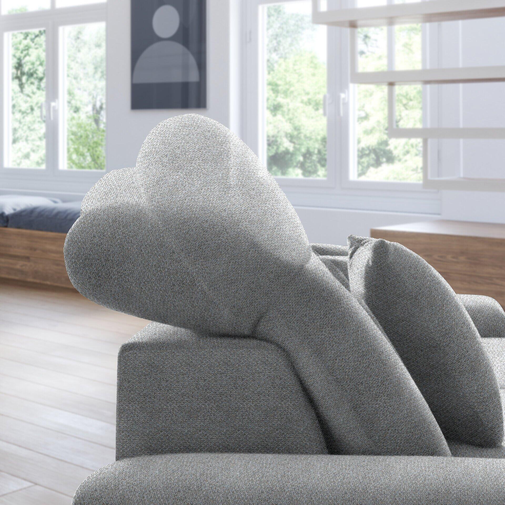 Retro Ecksofa mit abklappbarer Kopfstütze und Echtleder-Rückenlehne, detailreich aus der Seitenperspektive dargestellt.