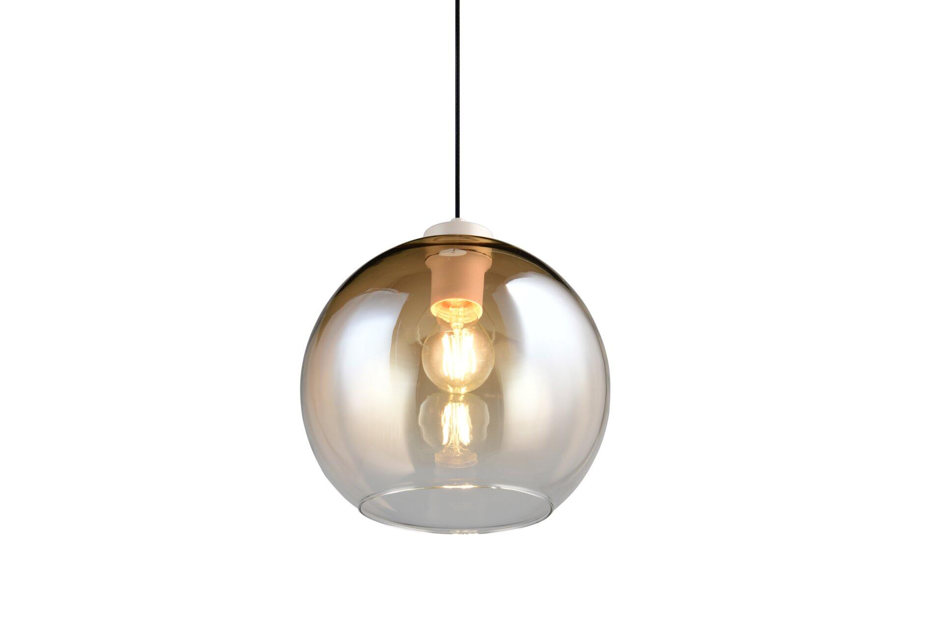 Pendelleuchte Liora mit kugelförmiger Glaskappe in orange-bräunlichem Farbverlauf und Edison-Glühbirne mit verzweigten Glühfäden, dargestellt in Frontalperspektive.