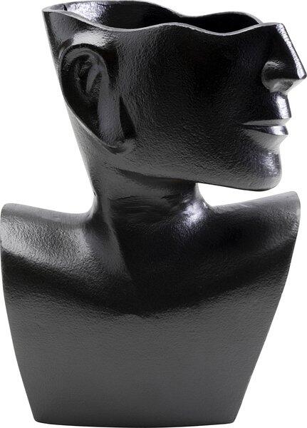 Schwarze Rostro Side Vase aus Aluminium, detailreich aus der Seitenperspektive mit stilisierter Büstenform zur Präsentation von Accessoires.