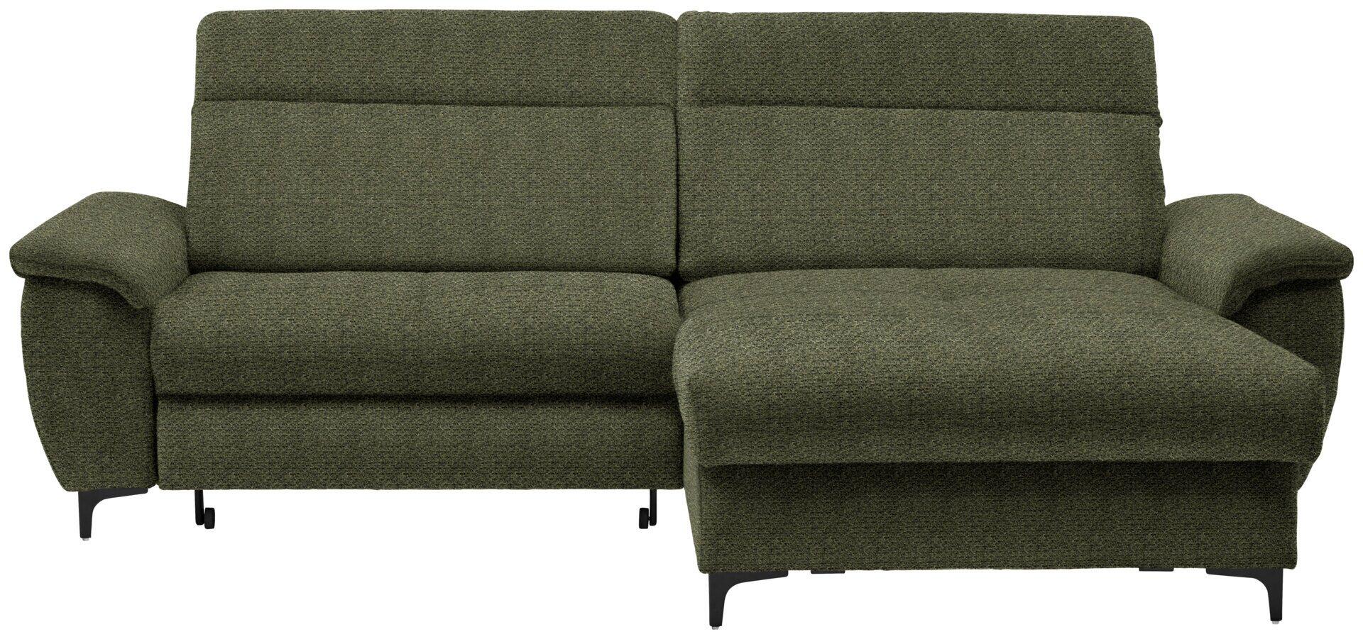 Ecksofa Retro in dunkelgrün, mit abklappbarer Liegefläche und Winkelfüßen aus Metall.