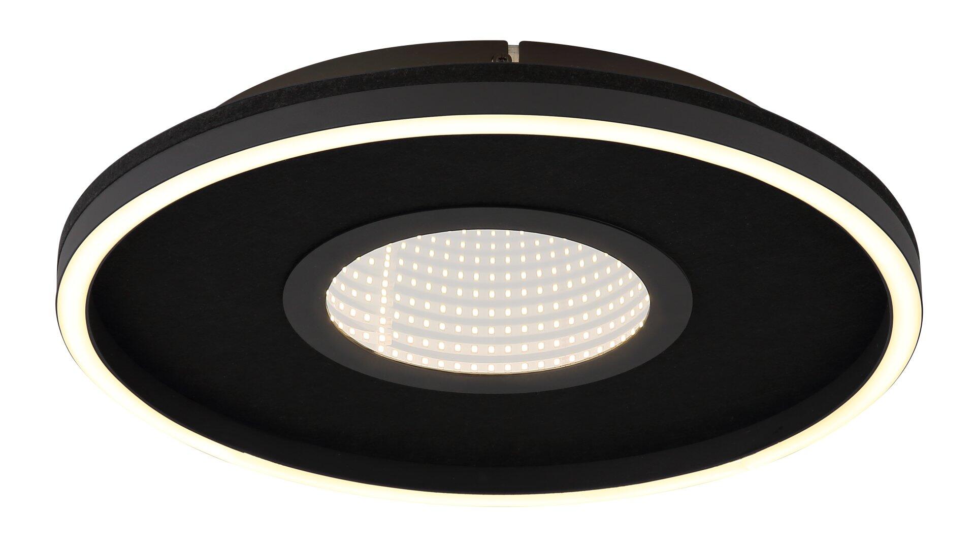Deckenleuchte EMORY mit gelb-weiß leuchtendem Ring und LED-Matrix im Gegenlicht, die die Mehrstufen-Funktion und das elegante Design zeigt.