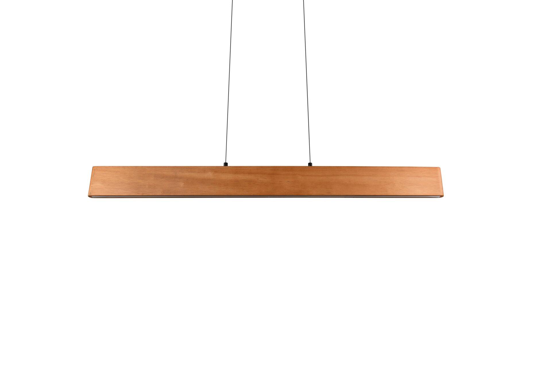 Pendelleuchte Edgewood mit rechteckigem Holzdesign und einstellbarer Lichtfarbe, dargestellt im Frontalwinkel mit erkennbarer Maserung und schmaler Leuchtfläche.