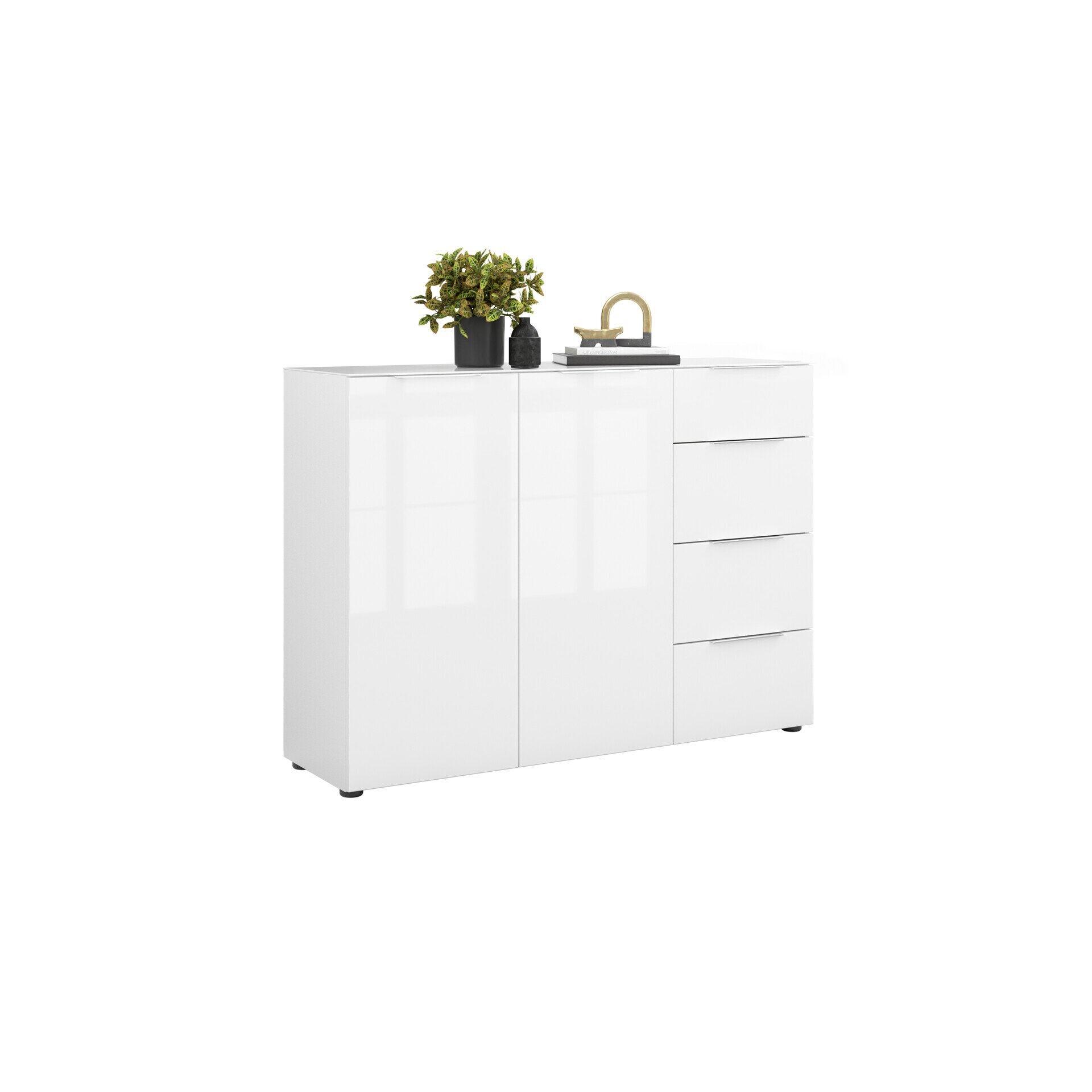 Weißes, hochglänzendes Sideboard "Style" mit vier Schubladen, einer Tür und dekorativen Elementen auf der Glasoberplatte, aus Vogelperspektive leicht seitlich aufgenommen.