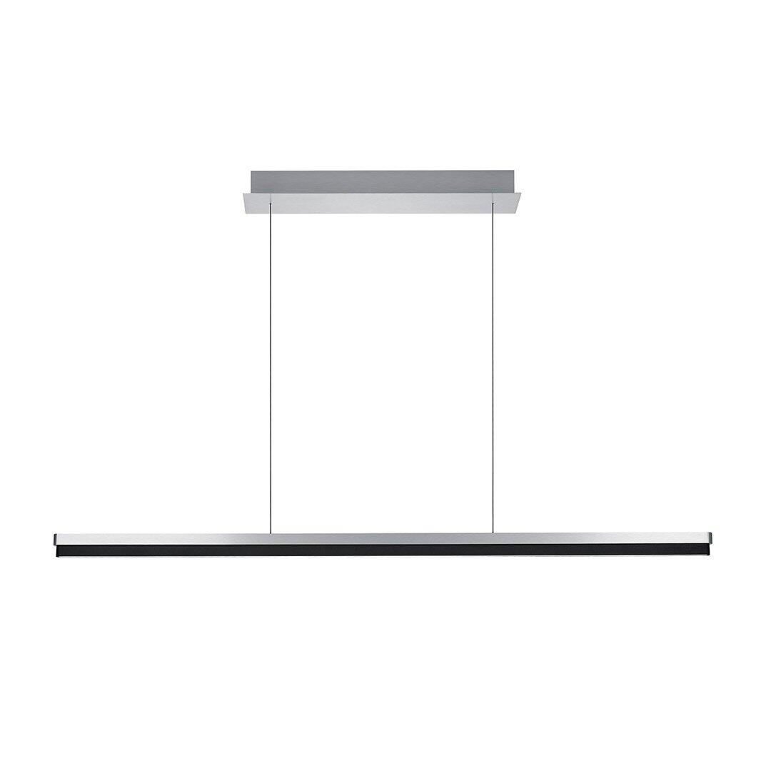 Pendelleuchte Minou in Frontalperspektive: minimalistische, rechteckige Form mit silberfarbenem Metallstreifen und langer, schlanker Konstruktion.