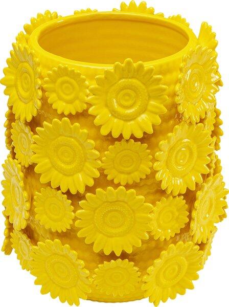 Gelbe handgearbeitete Vase Sunflowers Gelb mit reliefartigen Sonnenblumenmotiven im Seitansicht.